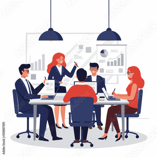 Business team in a productive meeting, discussing data and strategies.