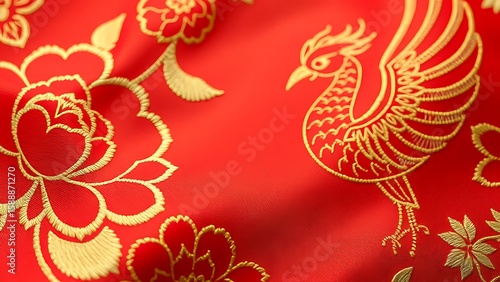 Intricate red and gold silk embroidery featuring peony and phoenix motifs, radiating luxurious tradition.