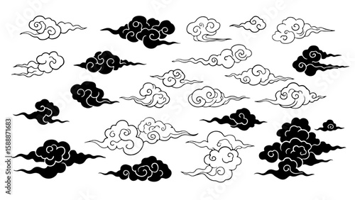 Chinese cloud vector elements set. Linear clip art oriental Japanese, Thai, Tibetan, Korean style clouds. 