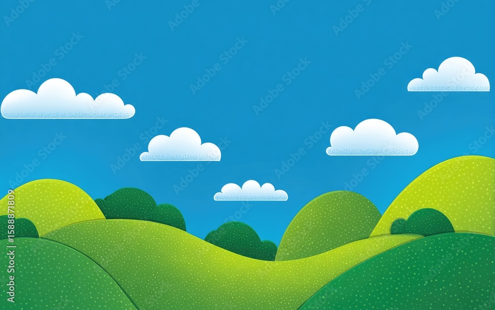 Fototapeta premium Cartoonish landscape with rolling hills, puffy clouds, and a vibrant blue sky (1)