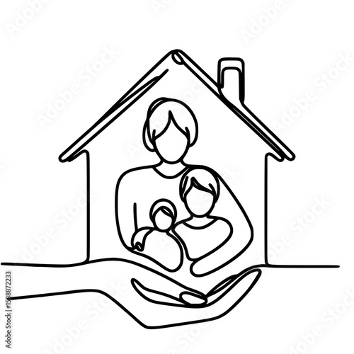 Family, mother caring for children inside house represented by hand outline - Concept of single line outline vector peace day  