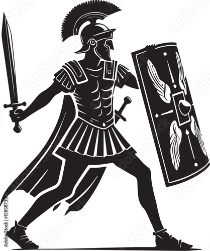 Print Roman soldier in full armor holding sword and shield silhouette