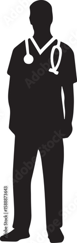 Male doctor wearing scrubs and stethoscope silhouette