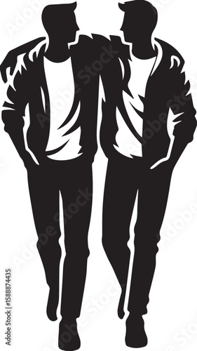Print Two men walking together with arms around each other in silhouette