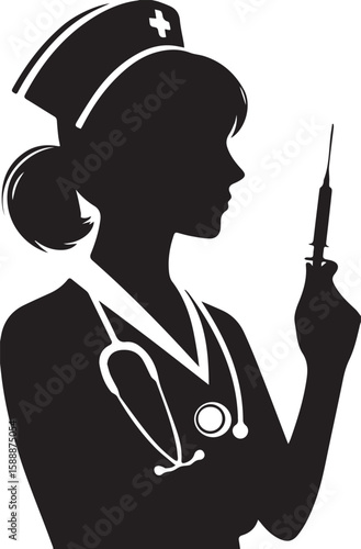 silhouette nurse holding syringe, medical clip art preview