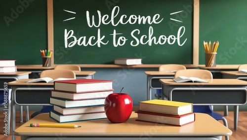 Classroom scene with desks books apple and welcome back to school message on the chalkboard