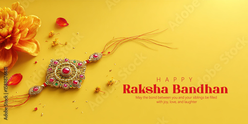 A colorful Raksha Bandhan festival greeting featuring an ornate Rakhi surrounded by petals and decorative elements on a warm yellow background, symbolizing love and bonding among siblings.