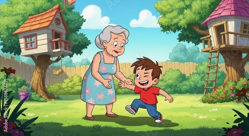 Grandparents with grandchildren in the backyard.