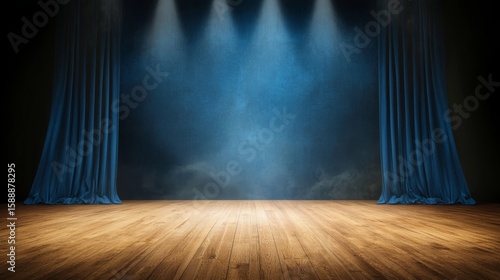 Elegant blue stage curtain and polished wooden floor setting for performance blue