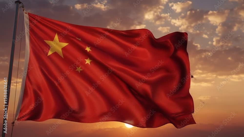 Chinese Flag Glowing in Sunset Light – National Day Serenity Chinese Flag Glowing in Sunset Light – National Day Serenity