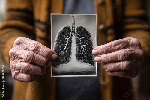 Senior adult holds a photograph of lungs, conceptualizing respiratory health and lung disease awareness with aging.
