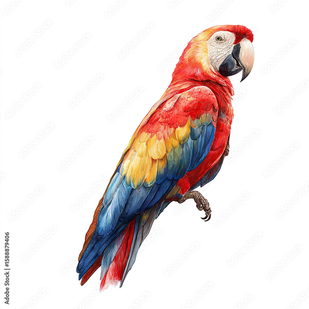 Fototapeta premium Watercolor red yellow blue macaw parrot hand painted exotic bird illustration white background tropical wildlife colourful animal art nursery decor wall art print