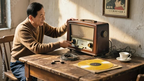 The subject adjusts the volume of an old radio. Static crackles softly before a nostalgic enka song begins.