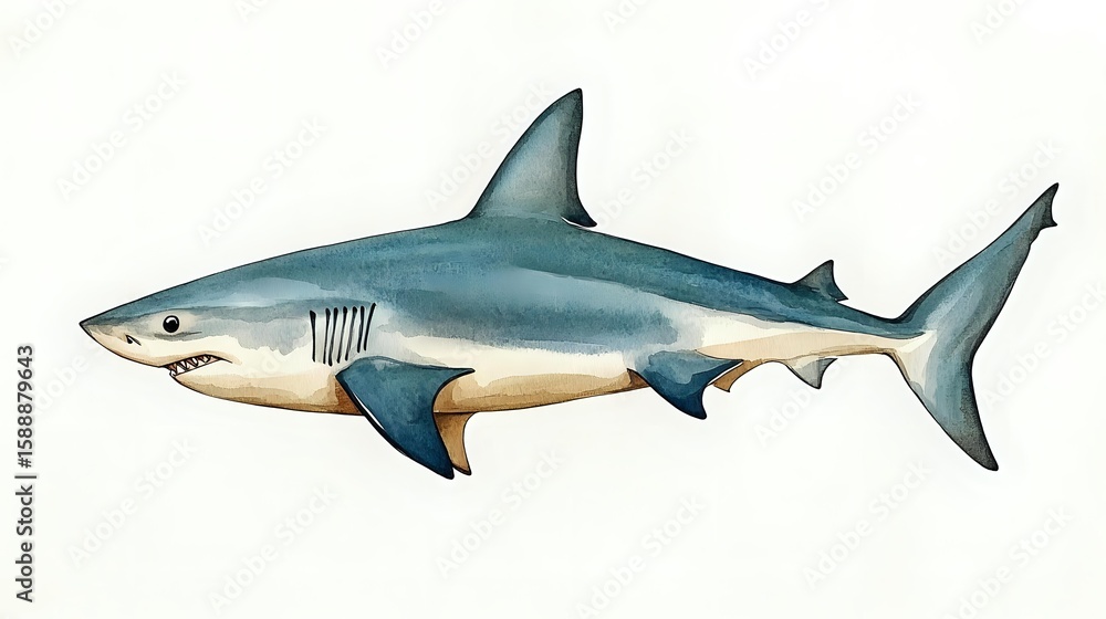 Obraz premium Watercolor great white shark with detailed fins and natural coloring, swimming pose on white background, isolated marine wildlife illustration.