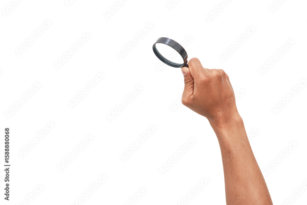 Φωτογραφία A person's arm reaching up, holding a magnifying glass against a white backgroun