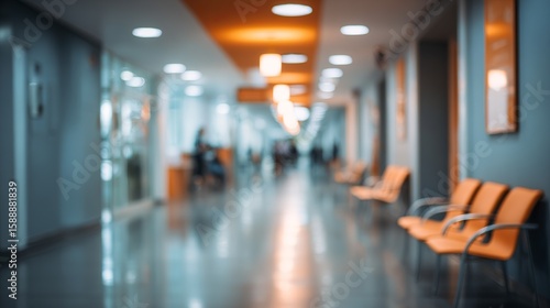 Blurry hospital corridor scene shows waiting area with orange chairs and soft interior lighting  showcasing depth.