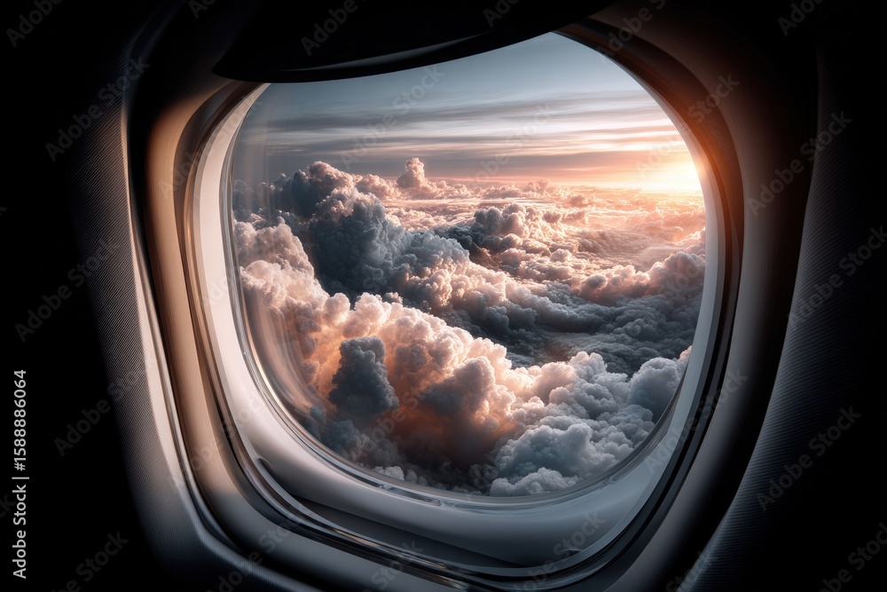Fototapeta premium Stunning sunset view of dramatic clouds from airplane window
