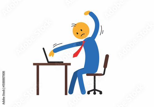 Man stretching at desk with laptop experiencing discomfort and fatigue