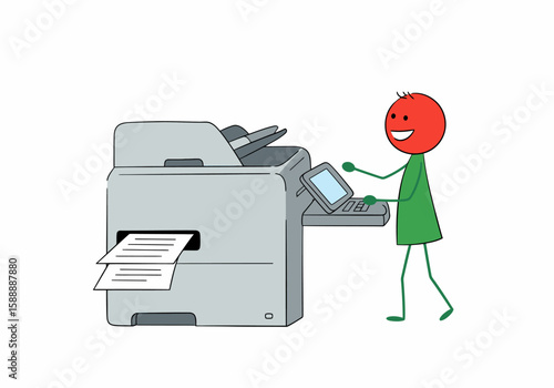 Cartoon character using a copier machine in an office setting for document duplication