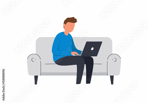 Man Working on Laptop While Sitting on Sofa Casual Home Office Setup
