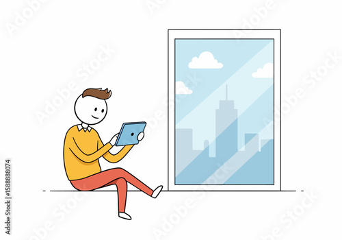 Stick figure man sitting on windowsill using tablet with city skyline reflection