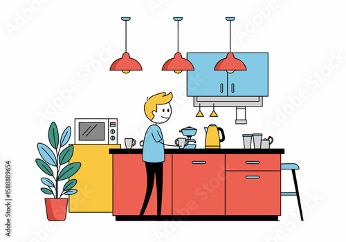 Man Making Coffee in Modern Kitchen with Appliances and Plants