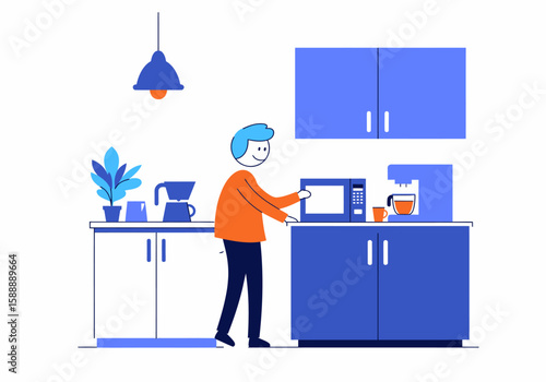 Modern kitchen scene with a man using a microwave and coffee maker illustration