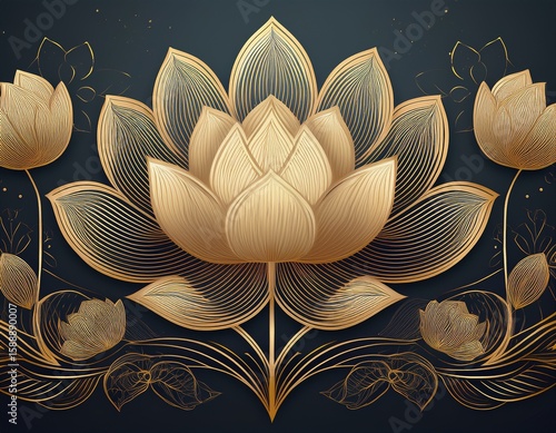 stylish lotus flower background in gold line art for luxury invitation packaging and wellness branding