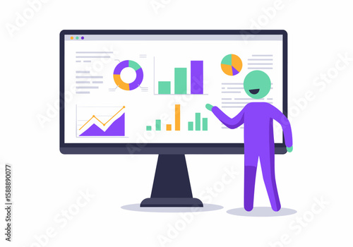 Person presenting data analysis charts and graphs on a large computer screen