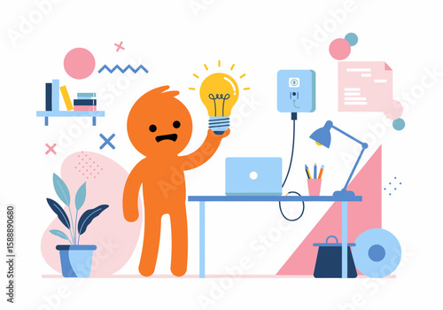 Creative Orange Character Holding a Glowing Light Bulb Represents Innovation and Bright Ideas in a Modern Workspace