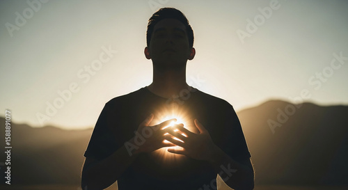 Silhouette of person with glowing heart at sunset. Ai generation