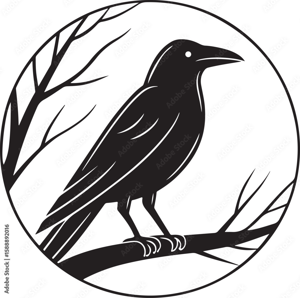 Fototapeta premium Silhouette of a raven perched on a branch inside a circular frame illustration