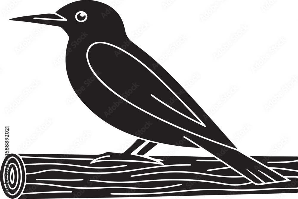 Naklejka premium Silhouette illustration of a bird perched on a tree branch in simple black and white