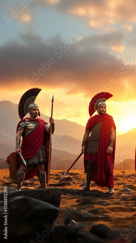 Ancient Warriors of Power in Full Armor and Formation, epic scenic background