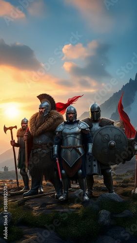 Ancient Warriors of Power in Full Armor and Formation, epic scenic background