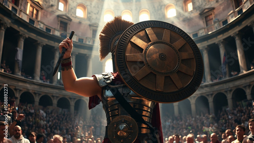 Victorious Roman Gladiator Lifts Arm in Colosseum Arena Light, epic background