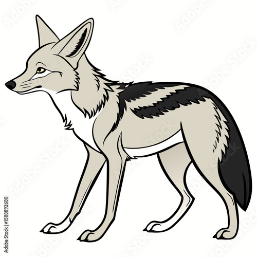 A grey jackal stands in profile on a white background