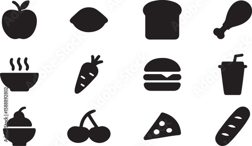 Food and drink icons set featuring a vintage hipster gentleman with a hat, mustache, and glasses in a retro black silhouette design