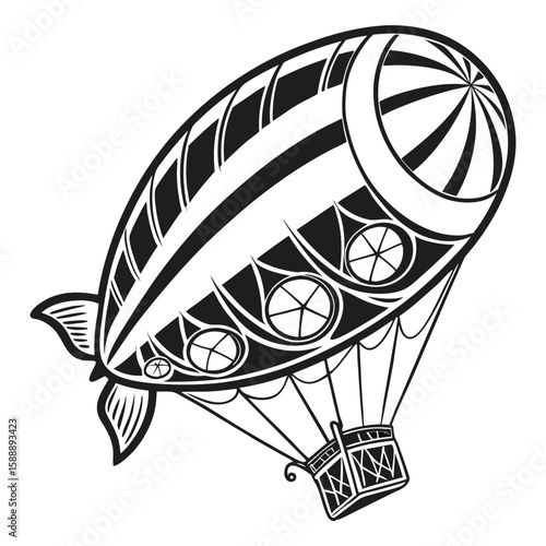 A detailed black and white illustration of a vintage airship