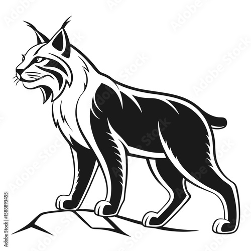 A striking lynx stands alert on a rocky outcrop in a stylized drawing