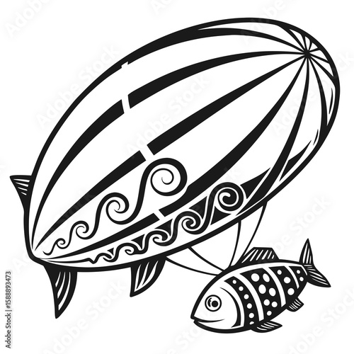 A whimsical airship floats in the sky with a fish companion