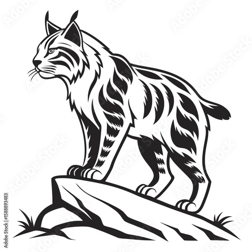 A striking lynx stands alert on a rocky outcrop in a stylized drawing