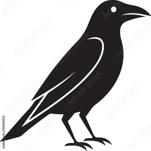 Stylized black raven silhouette standing isolated on a white background graphic illustration