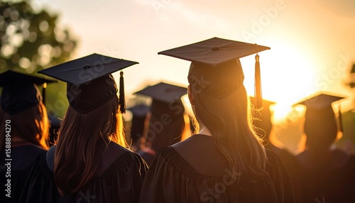 Graduating students at sunset