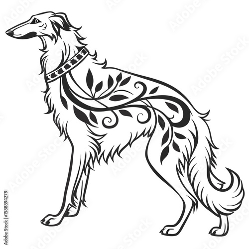 Elegant borzoi dog with ornate floral design