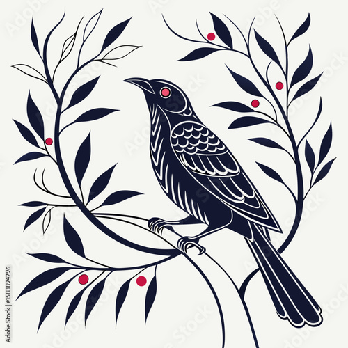 Stylized black bird with red eyes on a branch