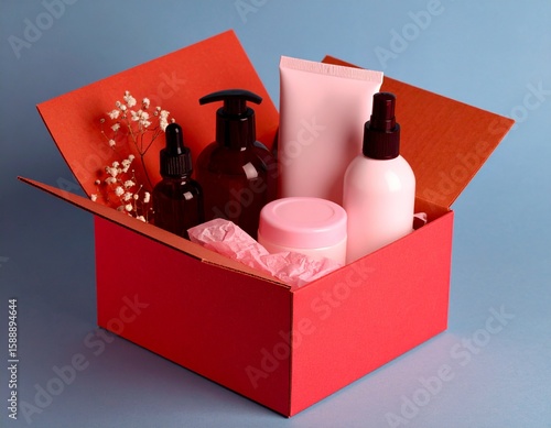 Skincare gift box with cosmetic products – wellness packaging scene
