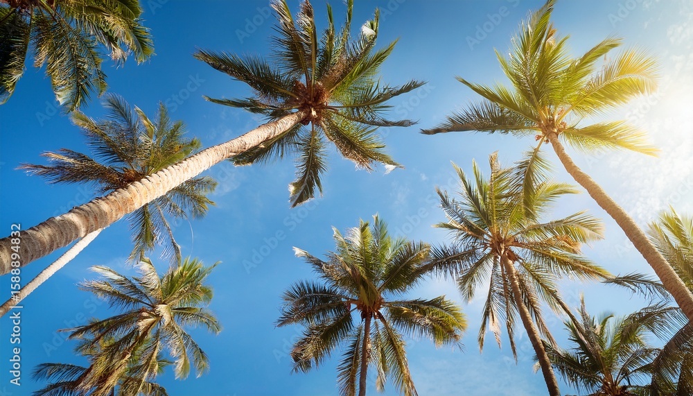 Fototapeta premium palm tree tops against blue sky on a sunny day