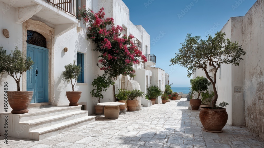 Naklejka premium Casa blanca tradicional mediterránea. Fondo arquitectónico veraniego con cielo azul.
