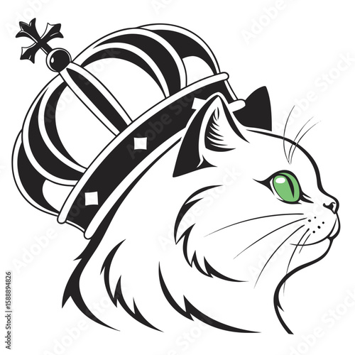 A regal cat wearing a crown, looking to the side
